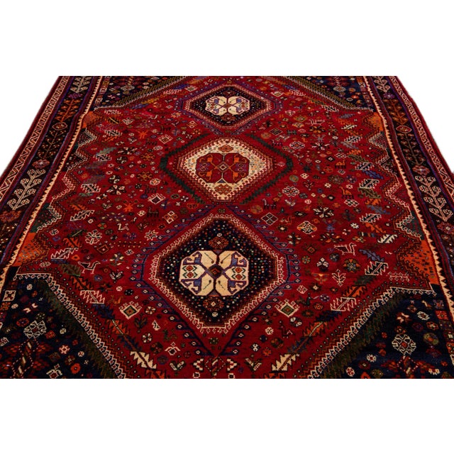 Islamic Vintage Handmade Shiraz Red Multi Medallion Wool Rug 6'0" X 9'6" For Sale - Image 3 of 10