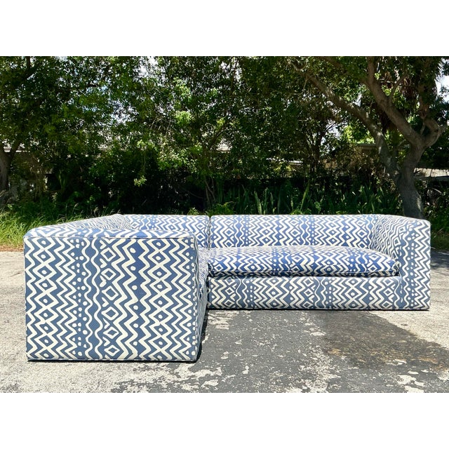 Mid-Century Modern Vintage Boho Custom Sectional Sofa in Quadrille “Deauville” For Sale - Image 3 of 12