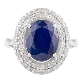 4.72 Ct Blue Sapphire Halo Diamond Art Deco Wedding Ring Size 5.5 For Sale