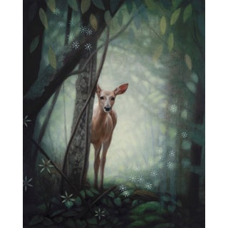 Snap of a Twig by Susan McDonnell | Oil on panel Deer standing in a forest with soft lighting. For Sale