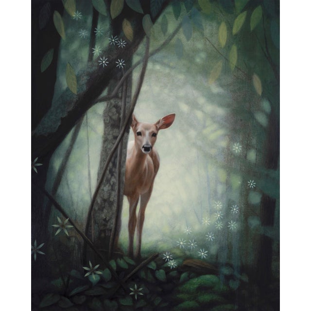 Snap of a Twig by Susan McDonnell | Oil on panel Deer standing in a forest with soft lighting. For Sale