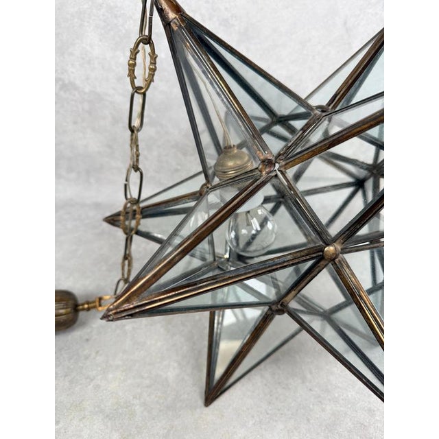 Early 20th Century Moravian Star Glass and Brass Pendant Light For Sale - Image 6 of 12