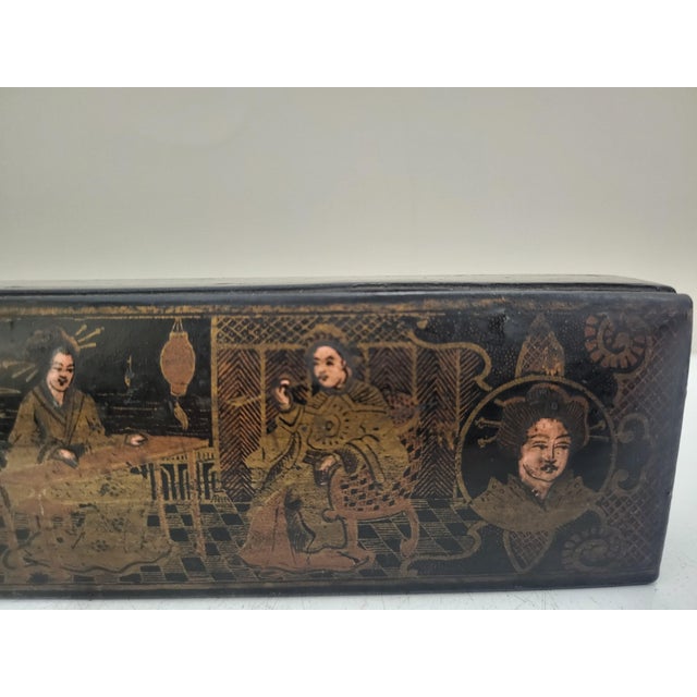 Chinese Hand Painted Gold Wood Female Figural Lacquer Calligraphy Pencil Box For Sale - Image 4 of 11