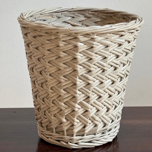 A beautiful handwoven wicker wastepaper basket with double basketweave from the mid-20th century. Love the original finish...