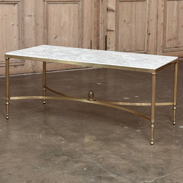 Mid-Century Carrara Marble and Gilded Brass Maison Jansen Style Coffee Table For Sale - Image 4 of 16