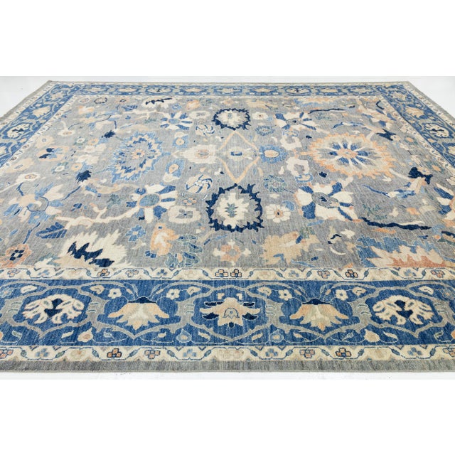 Blue 12x15 Modern Floral Oushak Style Wool Area Rug in Muted Slate Blue For Sale - Image 8 of 11