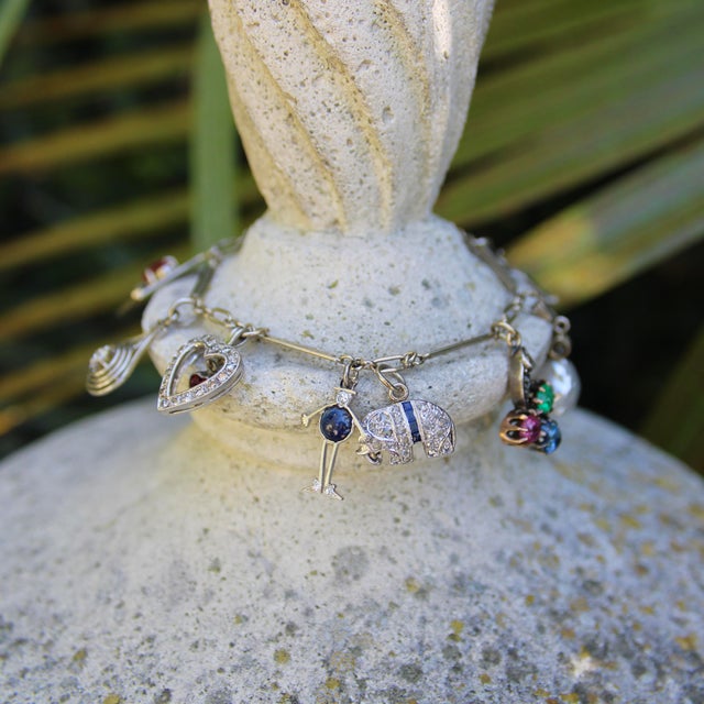 1920s Art Deco 14k Gold and Platinum Diamond and Gem Set Charm Bracelet For Sale - Image 11 of 12