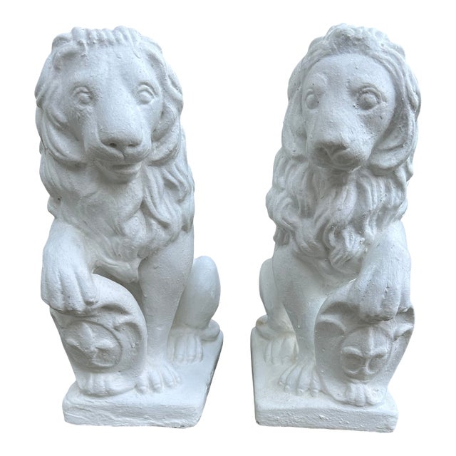 Vintage French White Painted Concrete Lions - A Pair For Sale