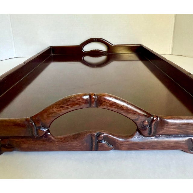 1930's Chinese Carved Rosewood Faux Bamboo Handled Tray For Sale - Image 4 of 12