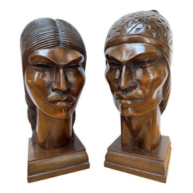Signed Silva Art Deco Carved Wood Busts — Pair For Sale