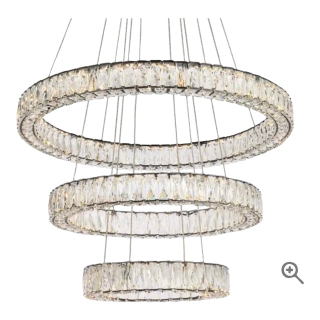 Elegant Lighting Monroe 3 Light 32" Wide Led Crystal Ring Waterfall Chrome Chandelier With Clear Royal Cut Crystals For Sale