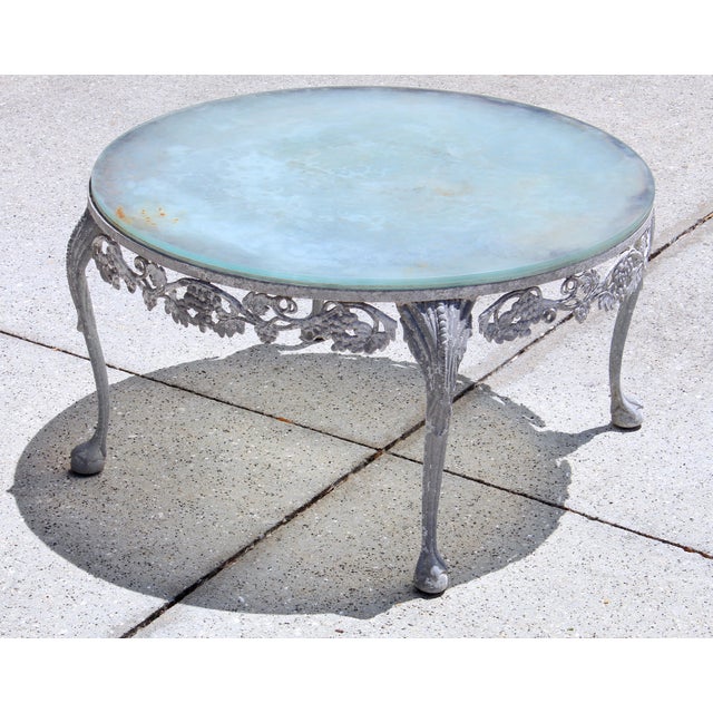 Vintage 1950s Cast Aluminum Patio Set | 5-Piece Outdoor Seating | Rocker Chairs + Bench + Glass Top Table | Hollywood Regency Garden Furniture For Sale - Image 15 of 18