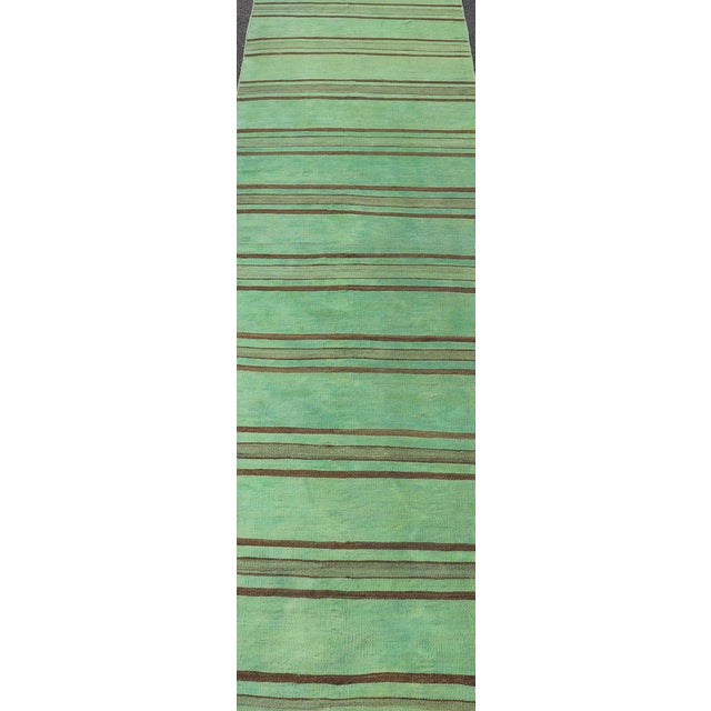 Vintage Turkish Stripe Kilim Runner With Green and Brown Colors Measures: 2'8 x 12'1 Vibrant Vintage Turkish Kilim Runner...