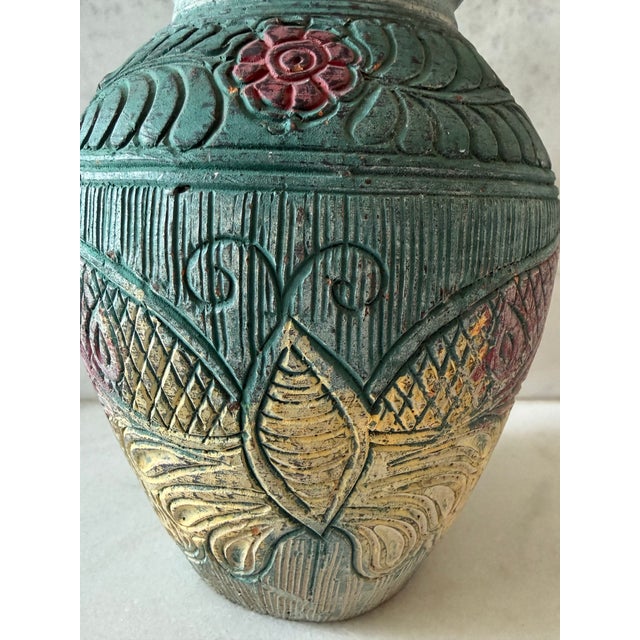 Mid 20th Century Handmade Sgraffito Pottery Vase With Butterfly and Floral Design For Sale - Image 5 of 9