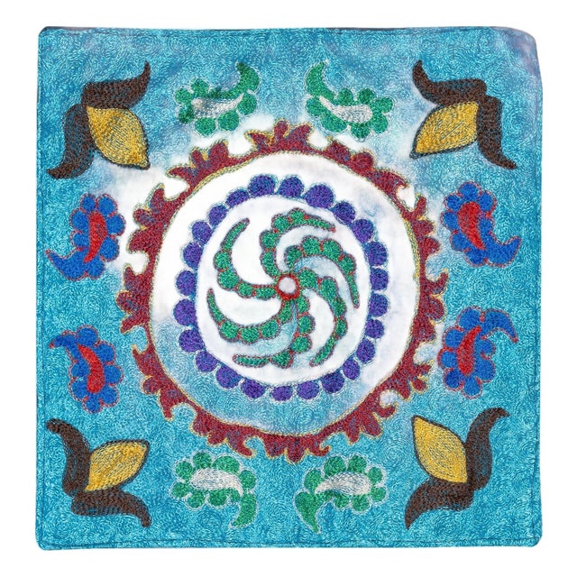 15"x16" Silk Embroidery Cushion Cover. Blue Pillowcase. Needlework Lace Pillow For Sale