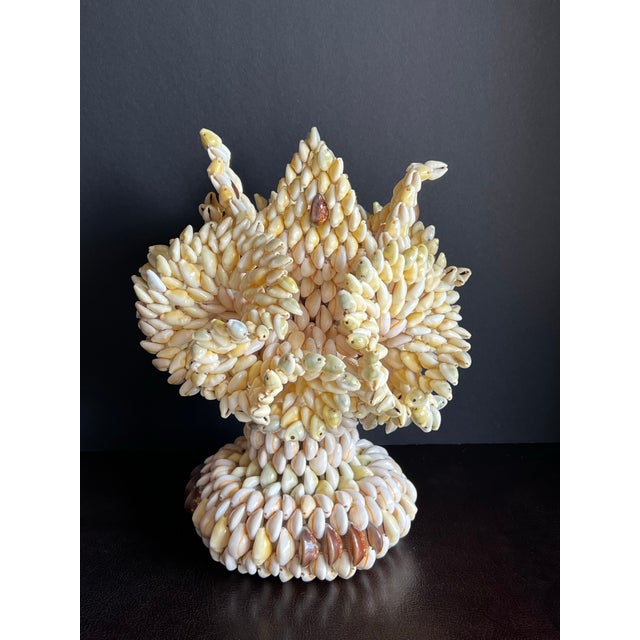 Vintage South Pacific cowrie shell vase, artfully woven with clear fishing line. This large, chunky, hefty vase measures...