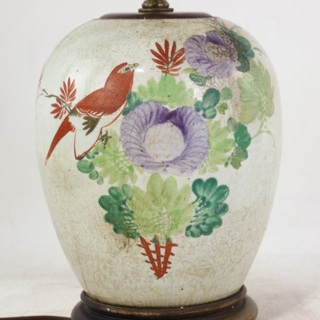 Famille Rose Antique Porcelain Vase Lamp With Bird and Floral Motif on Wood Base For Sale In New York - Image 6 of 16