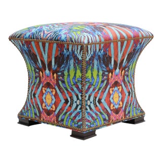 Multicolored Fabric Hourglass Ottoman With Nailhead Trim For Sale