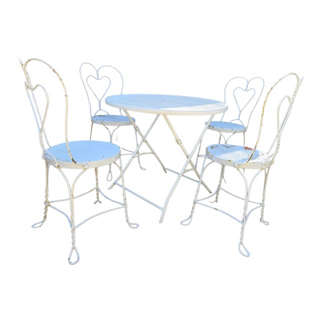 Vintage Wrought Iron Outdoor Patio Table & 4 Chairs For Sale