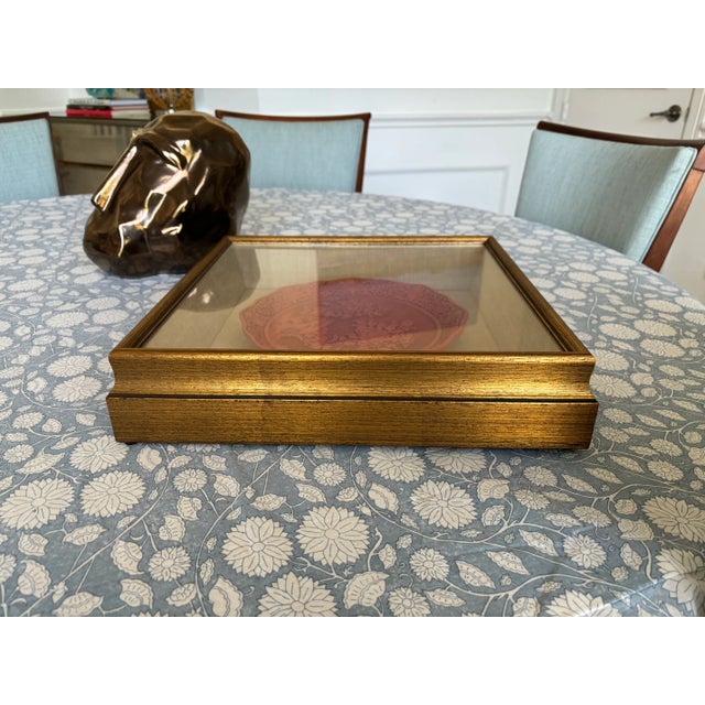 Vintage Chinese Cinnabar Plate in Custom Floating Gilt Frame With Linen Background For Sale - Image 9 of 10