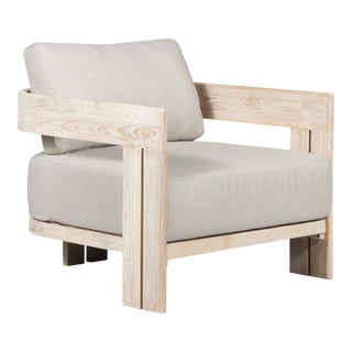 Crafters and Weavers Paradiso Outdoor Solid Teak Wood Chair Natural Look in Grey Fabric For Sale