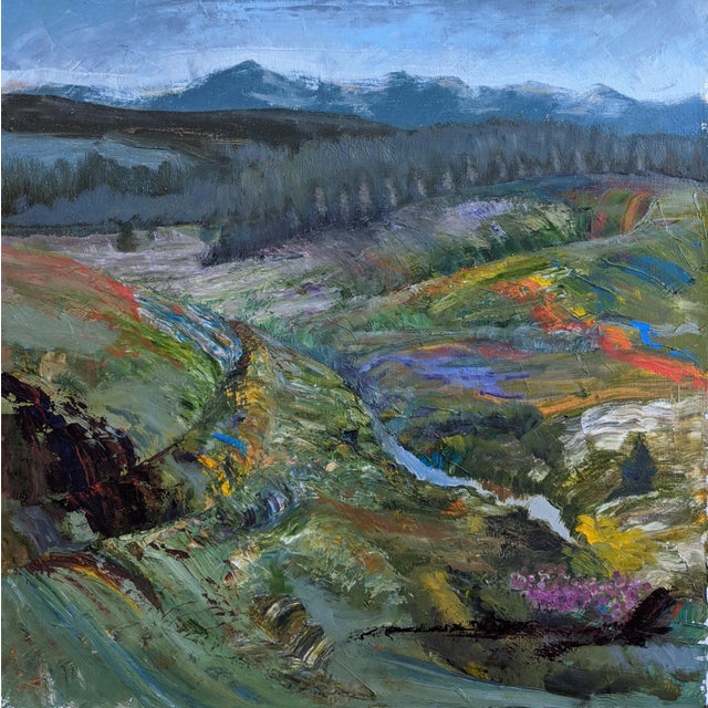 Rainbow Valley depicts a vibrant landscape filled with rolling hills and a meandering stream, infused with a spectrum of...