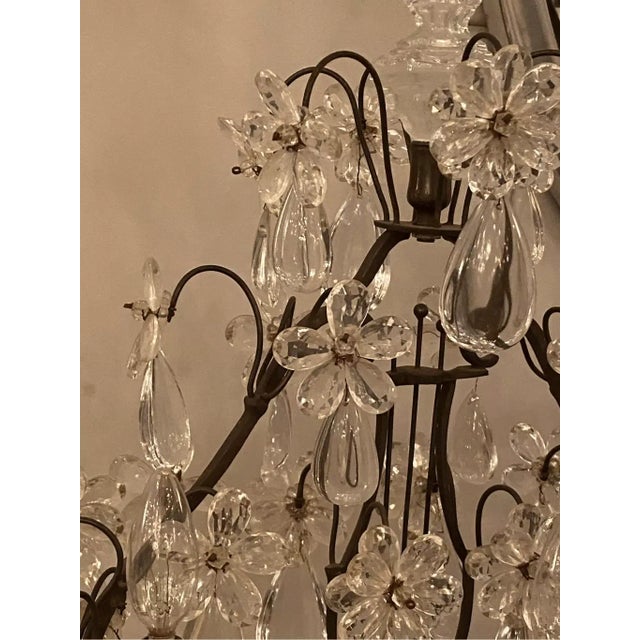 28” tall 18” across good working condition French Girandole Wrought Iron Lamp W/Floral Prisms