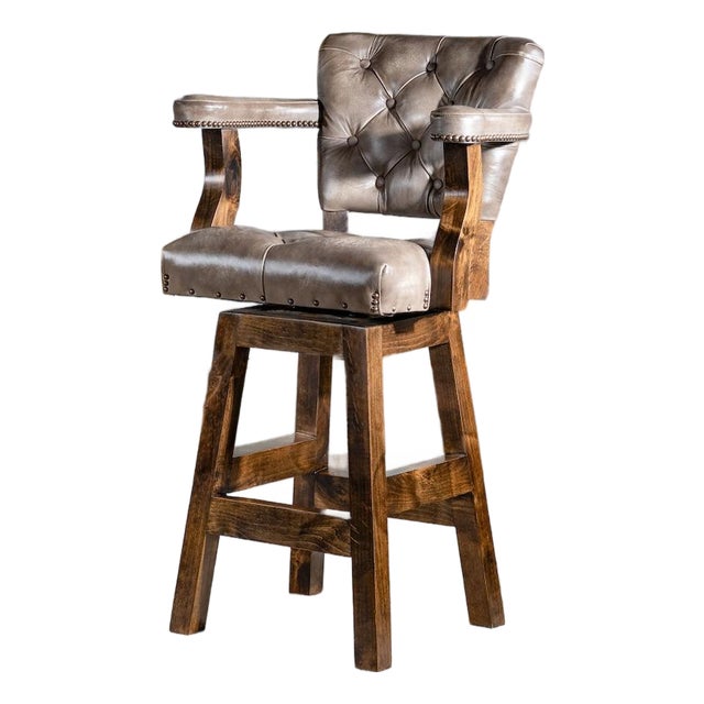 Chisum Slate Barstool | Leather | Tufted | Swivel | Modern Rustic | Arms | Grey | Taupe For Sale