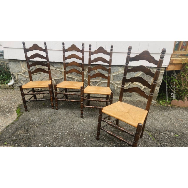 Shabby Chic Set of 6 Vintage Ladder Back Dining Chairs With Rush Seats, French Country Cottage Style For Sale - Image 3 of 18