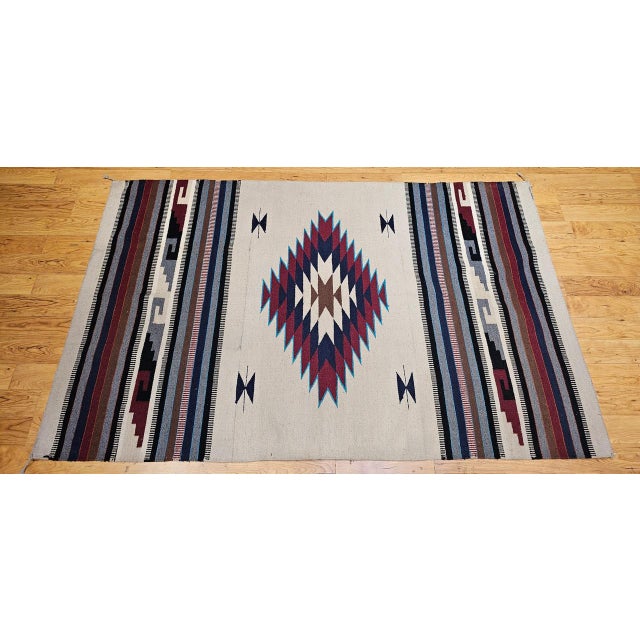 Vintage American Southwestern Saltillo Kilim Rug, Medallion & Striped Pattern, Ivory & Red, 5x7 For Sale - Image 16 of 18