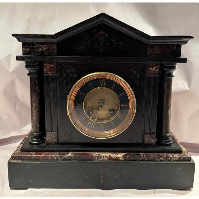 Black 19th Century French Slate Stone & Red Marble Mantel Clock For Sale - Image 8 of 11
