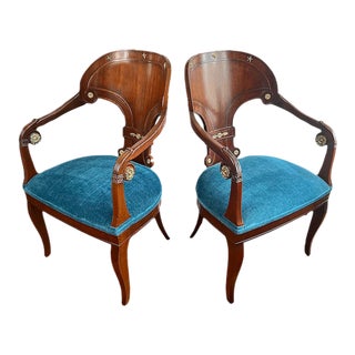 Vintage Baker Furniture Empire Style Mahogany Lee Jofa Velvet Side Chairs - a Pair For Sale