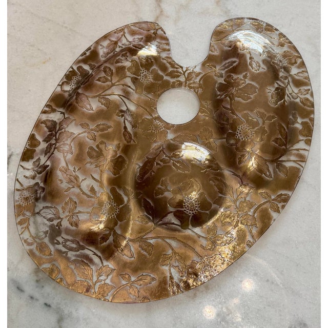 Gorgeous Vintage MCM Glass Artist Palette Platter Gold Gilt Floral Tray 15" heavy glass shaped exactly like an artist’s...