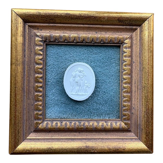 Charming Three Graces plaster intaglio with gold paint rim on ombré blue velvet in gold-painted wood frame, ready to hang....