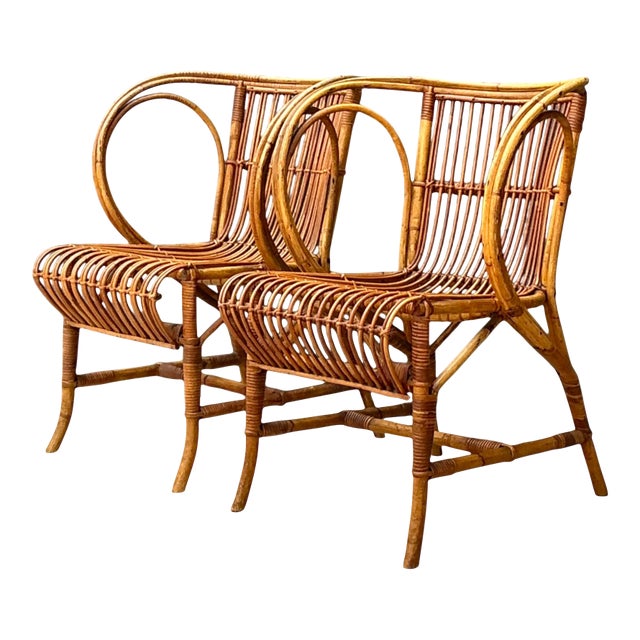 Vintage 1940s Danish Tove Kindt Larsen for Robert Wengler Stick Rattan Lounge Chairs - A Pair For Sale