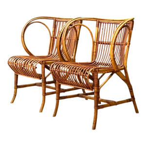 Vintage 1940s Danish Tove Kindt Larsen for Robert Wengler Stick Rattan Lounge Chairs - A Pair