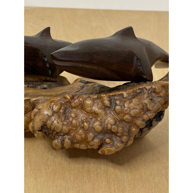 Wooden Dolphins Sculptures Mounted on a Piece of Driftwood For Sale - Image 10 of 12