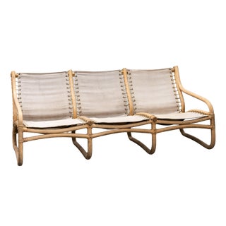 3-Seater Bench in Rattan and Cotton Canvas, 1960s For Sale