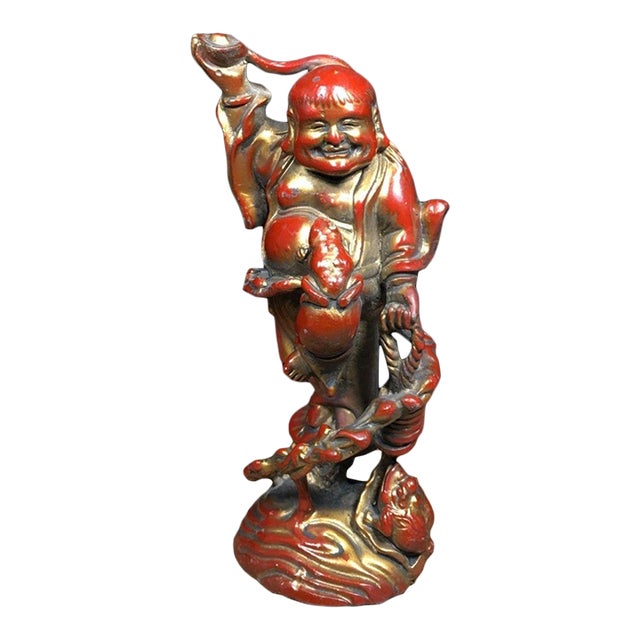 Vintage Solid Bronze Liu Hai Playing With Golden Toad Statue, Wealth Attracting Figurine For Sale