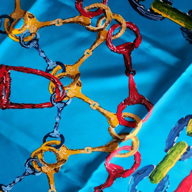 Italian 1990s Gucci Italian Blue Silk Scarf Equestrian Horse Bit For Sale - Image 3 of 8