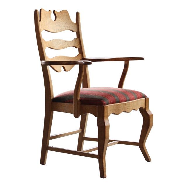 Vintage Brutalist Oak Razorblade Red Striped Armchair attributed to H. Kjærnulf, 1960s For Sale