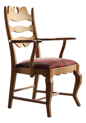 Vintage Brutalist Oak Razorblade Red Striped Armchair attributed to H. Kjærnulf, 1960s
