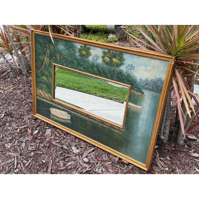 Green Vintage Hand-Painted Tropical Landscape Beveled Wall Mirror For Sale - Image 8 of 12