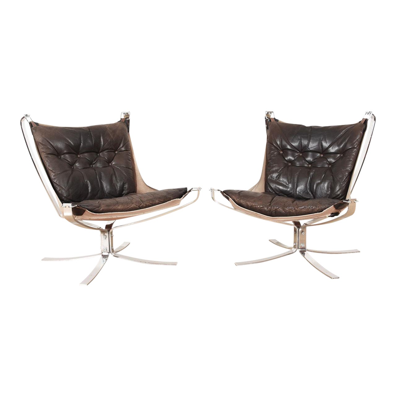 Pair Of Brown Leather Falcon Chairs With Chrome Base Chairish
