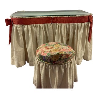 1930s Custom Kidney Shaped Mirror Top Skirted Dressing Table - Set of 2 For Sale