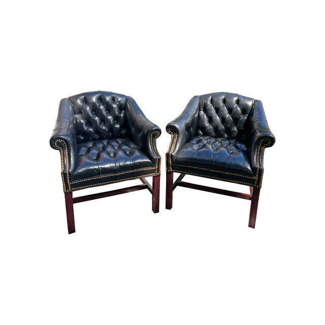 Vintage Chesterfield Style Tufted Chairs in Black a Pair Great design with leather and brass nailheads. Clean and comfortable