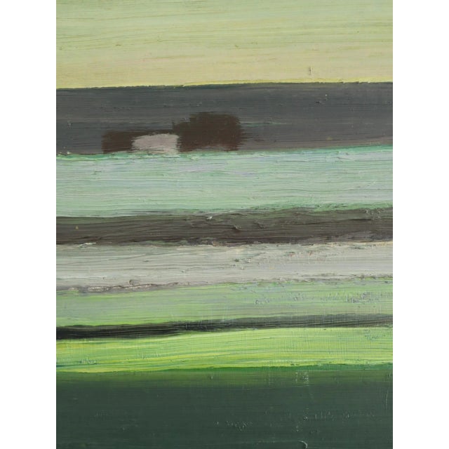 Green 1970 Modernist 'Houses on the Horizon' Original Vintage Swedish Abstract Landscape Oil Painting, Framed For Sale - Image 8 of 11