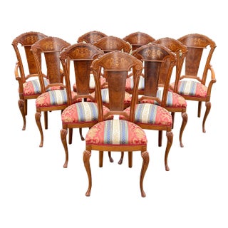 Mid 20th Century Burlwood Inlaid Italian Baroque Dining Chairs - Set of 10 For Sale