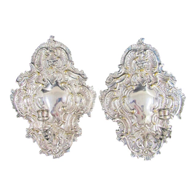 Late 19th Century Matched Pair of Blaker Baroque-Style Repousse Silver Plated Brass Candle Sconces For Sale