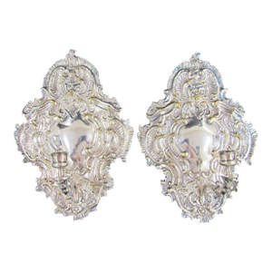 Late 19th Century Matched Pair of Blaker Baroque-Style Repousse Silver Plated Brass Candle Sconces